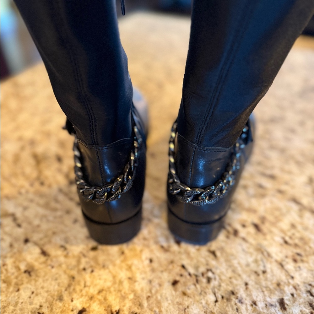 NWT Karl Lagerfeld Black Over-the-Knee Leather Boots with Chain Detail - Picture 7 of 10
